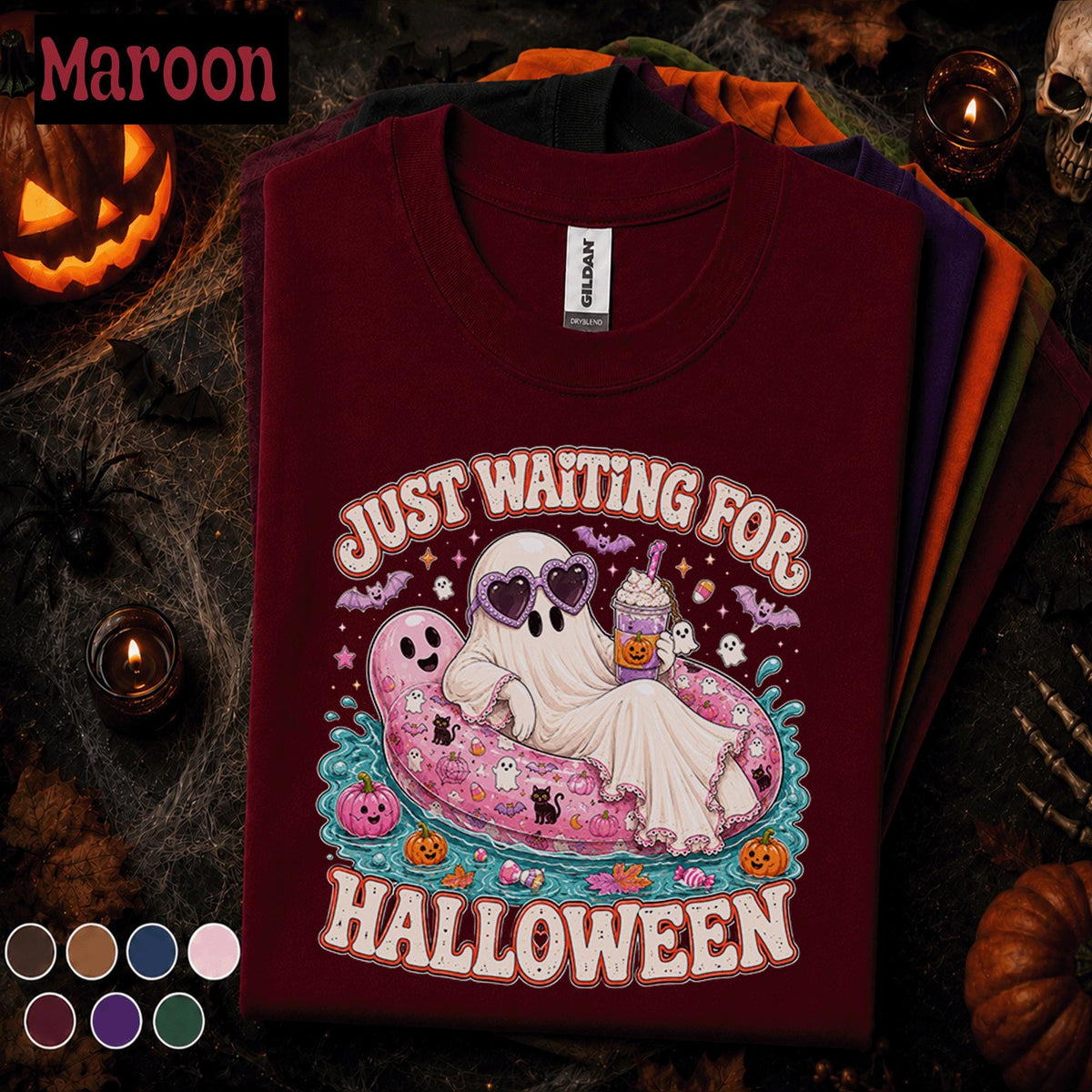 Just Waiting for Halloween Shirt, Cute Ghost Pool Float Tee, Pink Spooky Season, Funny Halloween Party Gift, Retro Ghost T Shirt
