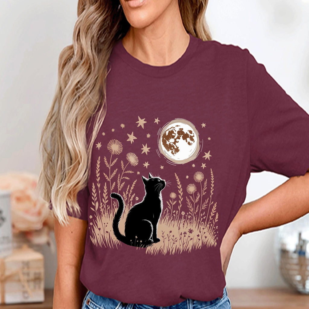 Black Cat Gazing at Full Moon Shirt, Mystical Spooky Cat with Flowers Tee, Cat Lover Halloween Costume Top, Black Cat Shirt, Cat Sweatshirt