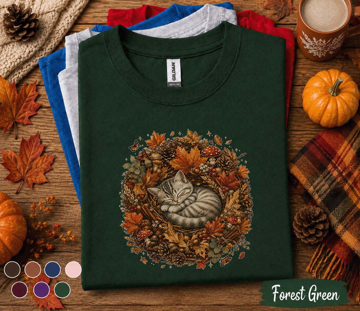 Cute Sleeping Fall Cat Shirt, Cozy Autumn Kitten Wreath Tee, Woodland Cat Lover T-Shirt, Pumpkin Season Thanksgiving Gift for Women