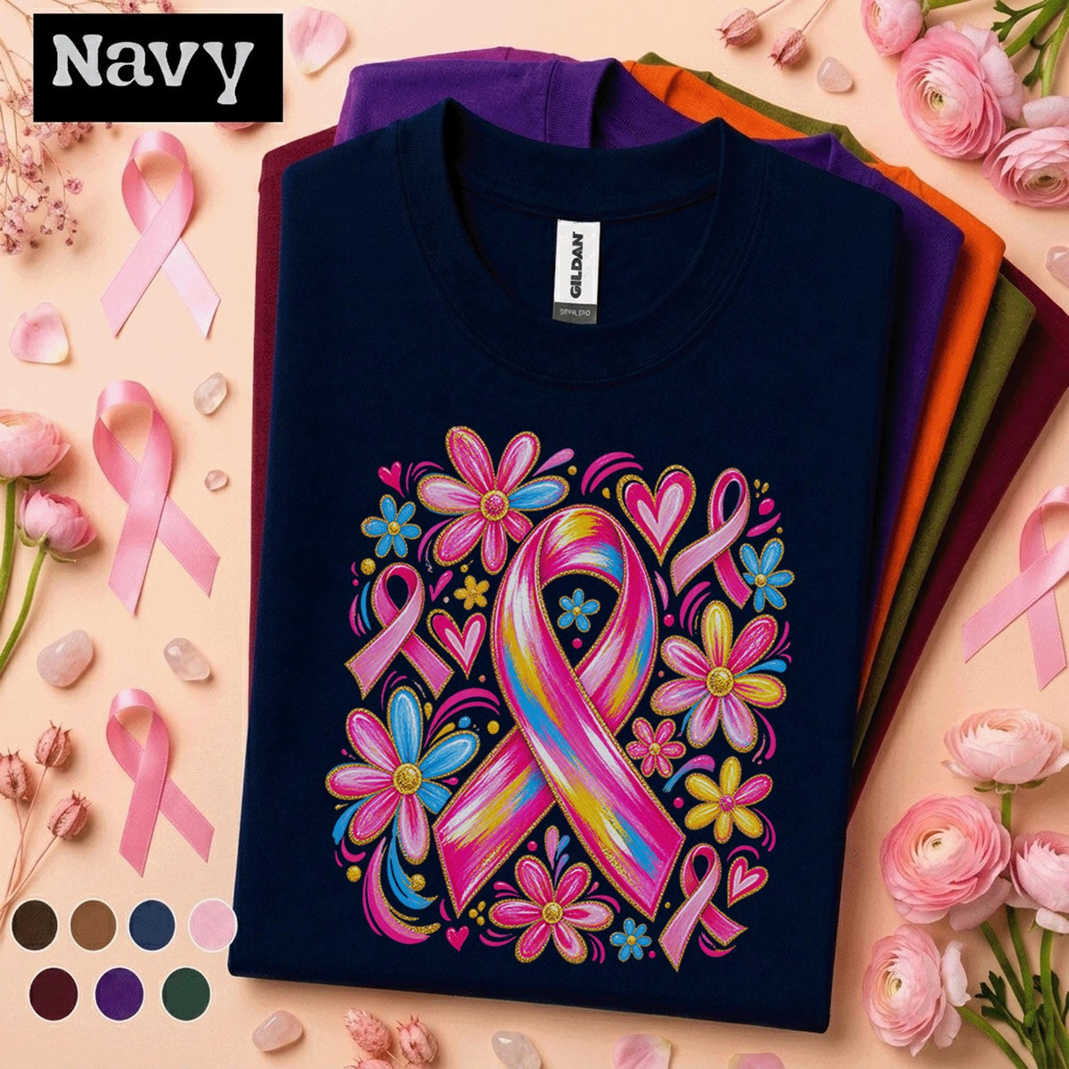Breast Cancer Awareness Shirt, Colorful Pink Ribbon Floral Tee, October Cancer Support Shirt, Hope Strength Survivor Gift for Women