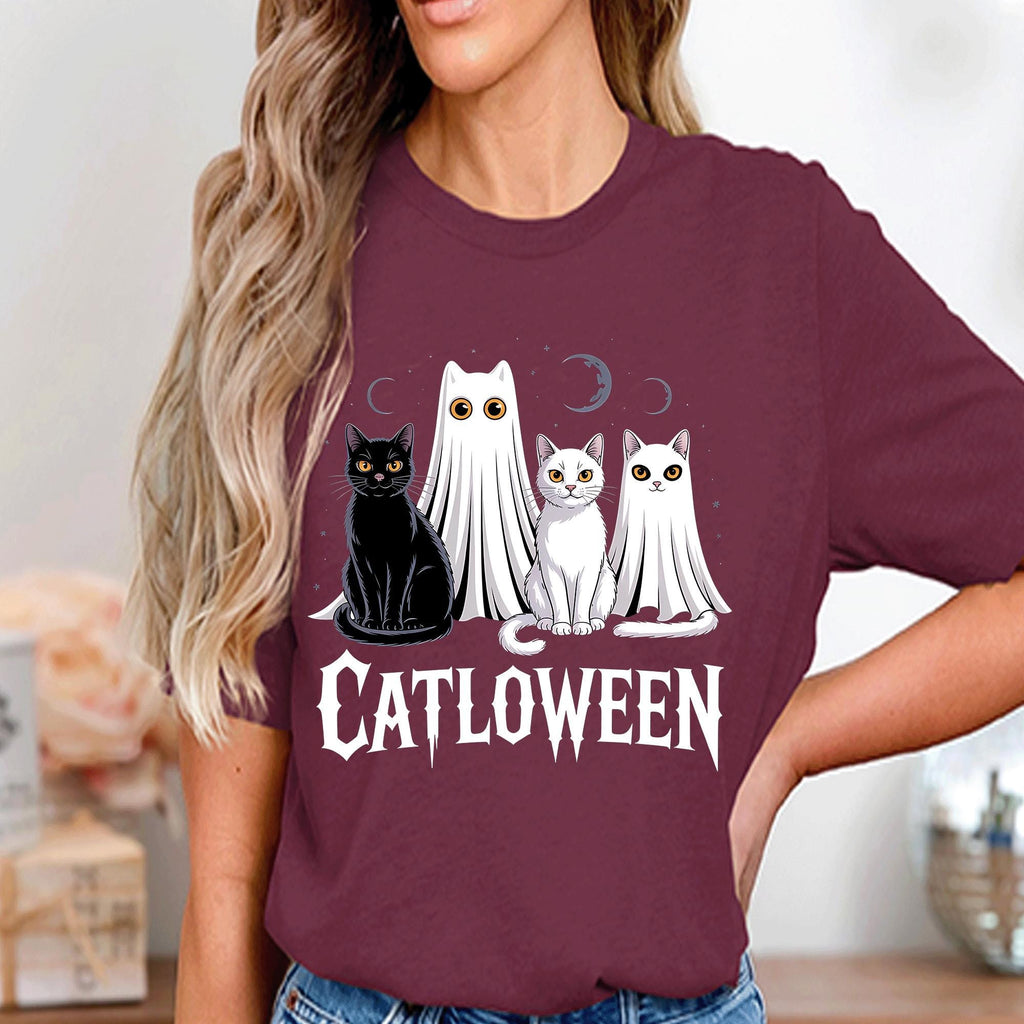 Catloween Shirt with Black Cat and Ghost Cats Sweatshirt, Cute Spooky Cat Lover Halloween Tee, Haunted Cat Costume Top, Cat Halloween Shirt