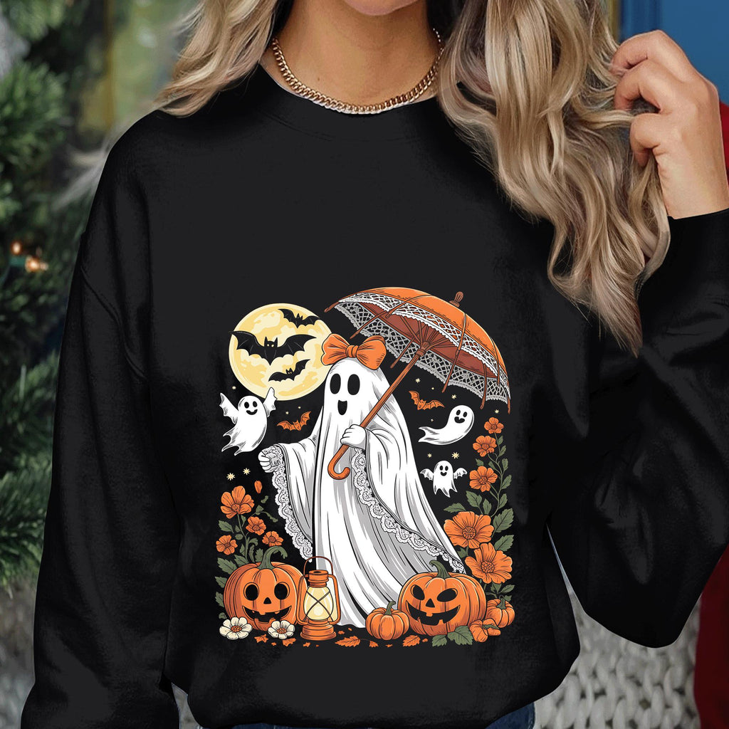 Vintage Ghost Umbrella Shirt, Cute Spooky Halloween Spirit Tee, Floral Haunted Season Top, Halloween Shirts, Women Halloween Sweatshirt Girl
