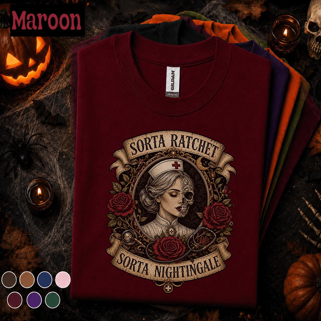 Sorta Ratchet Sorta Nightingale Nurse Halloween Shirt, Gothic Nurse Tee, Spooky Skeleton RN Gift, Vintage Medical Halloween T Shirt