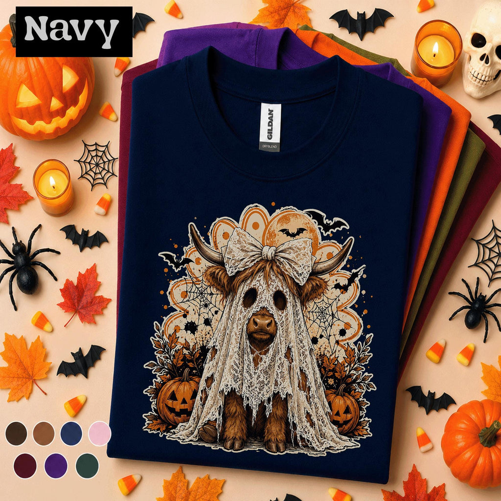 Highland Cow Halloween Shirt, Ghost Costume Cow Tee, Cute Spooky Season Tshirt, Pumpkin Fall Tee, Farmhouse Halloween Gift