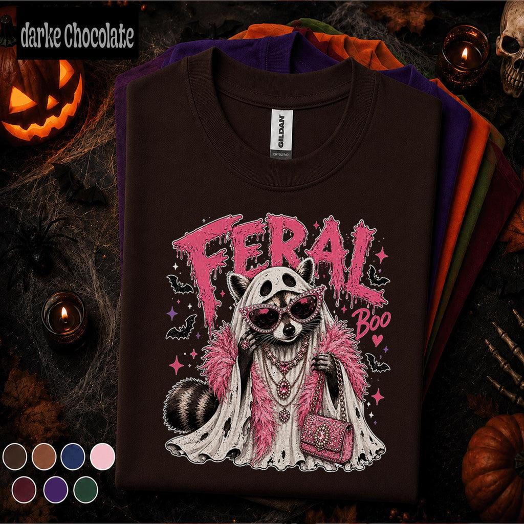 Feral Boo Raccoon Halloween Shirt, Pink Ghost Raccoon Tee, Funny Trash Panda T Shirt, Spooky Glam Halloween Tee, Raccoon Gift