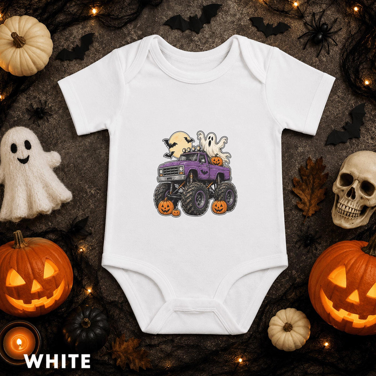 Purple Monster Truck Halloween Baby Bodysuit, Ghost Pumpkin Infant Onesie, Spooky Season Truck Outfit, First Halloween Gift for Baby