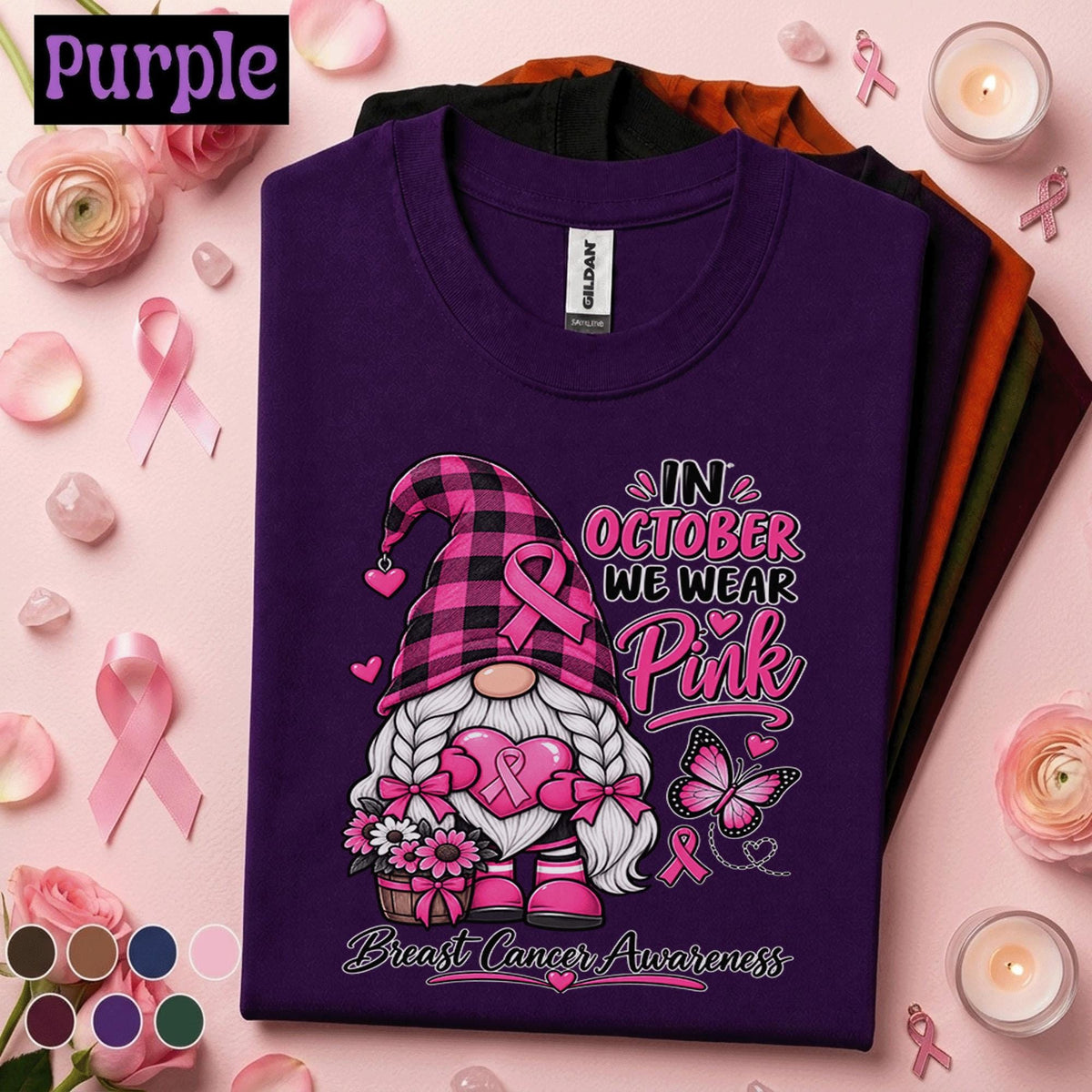 Breast Cancer Awareness Shirt, In October We Wear Pink Gnome Tee, Pink Ribbon Support Shirt, Cancer Warrior Gift, Fall Awareness T Shirt