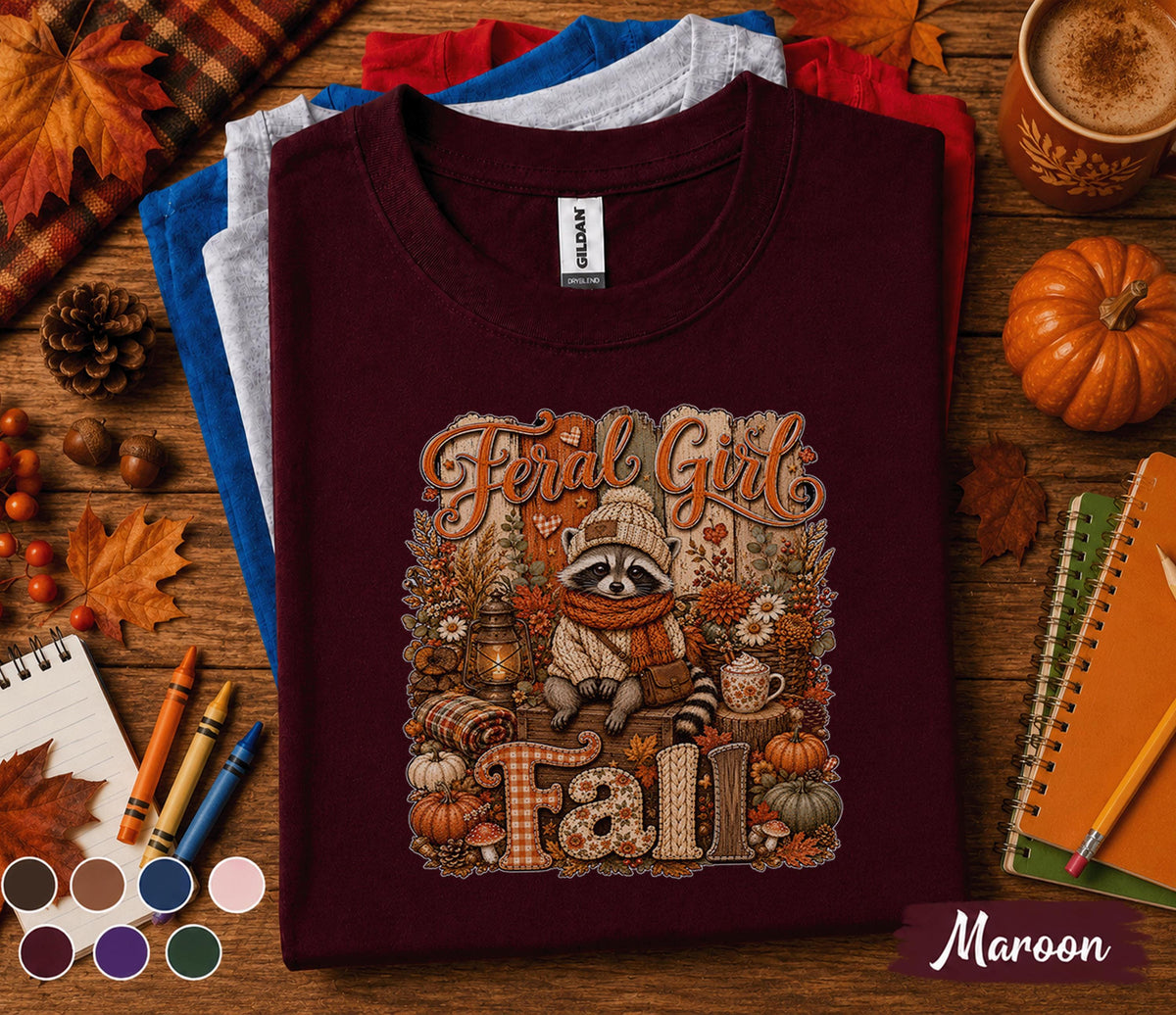 Feral Girl Fall Shirt, Cute Raccoon Autumn Tee, Cozy Woodland Animal Pumpkin Shirt, Rustic Harvest Season Sweatshirt, Funny Fall Lover Gift