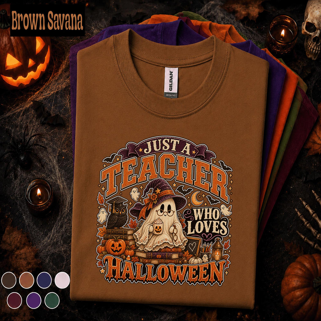 Just a Teacher Who Loves Halloween Shirt, Cute Ghost Teacher Tee, Spooky Pumpkin School Shirt, Retro Fall Classroom Halloween Gift
