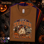 Just a Teacher Who Loves Halloween Shirt, Cute Ghost Teacher Tee, Spooky Pumpkin School Shirt, Retro Fall Classroom Halloween Gift