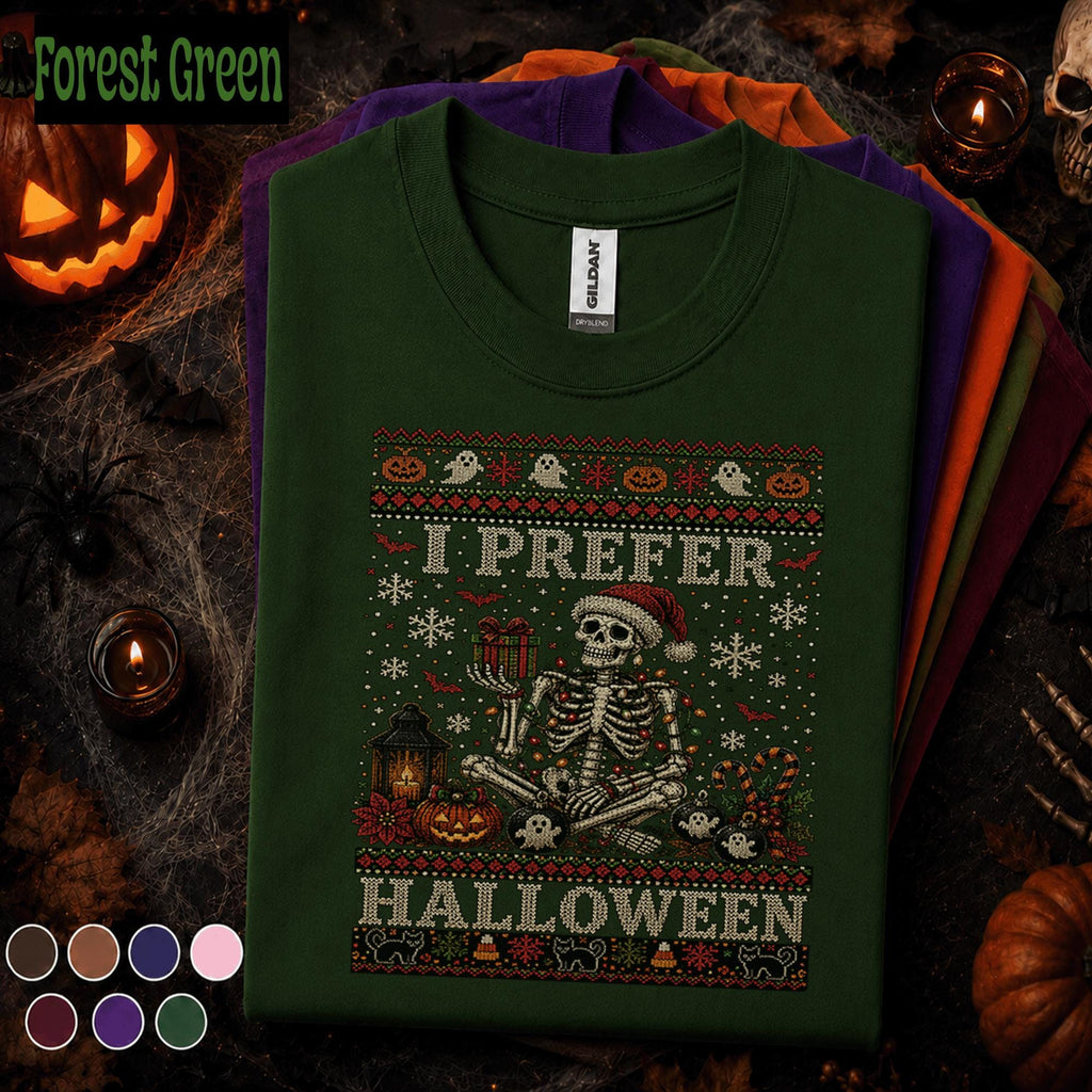 I Prefer Halloween Christmas Shirt, Skeleton Santa Spooky Holiday Tee, Funny Halloween Christmas T Shirt, Gothic Xmas Skeleton Gift Tee