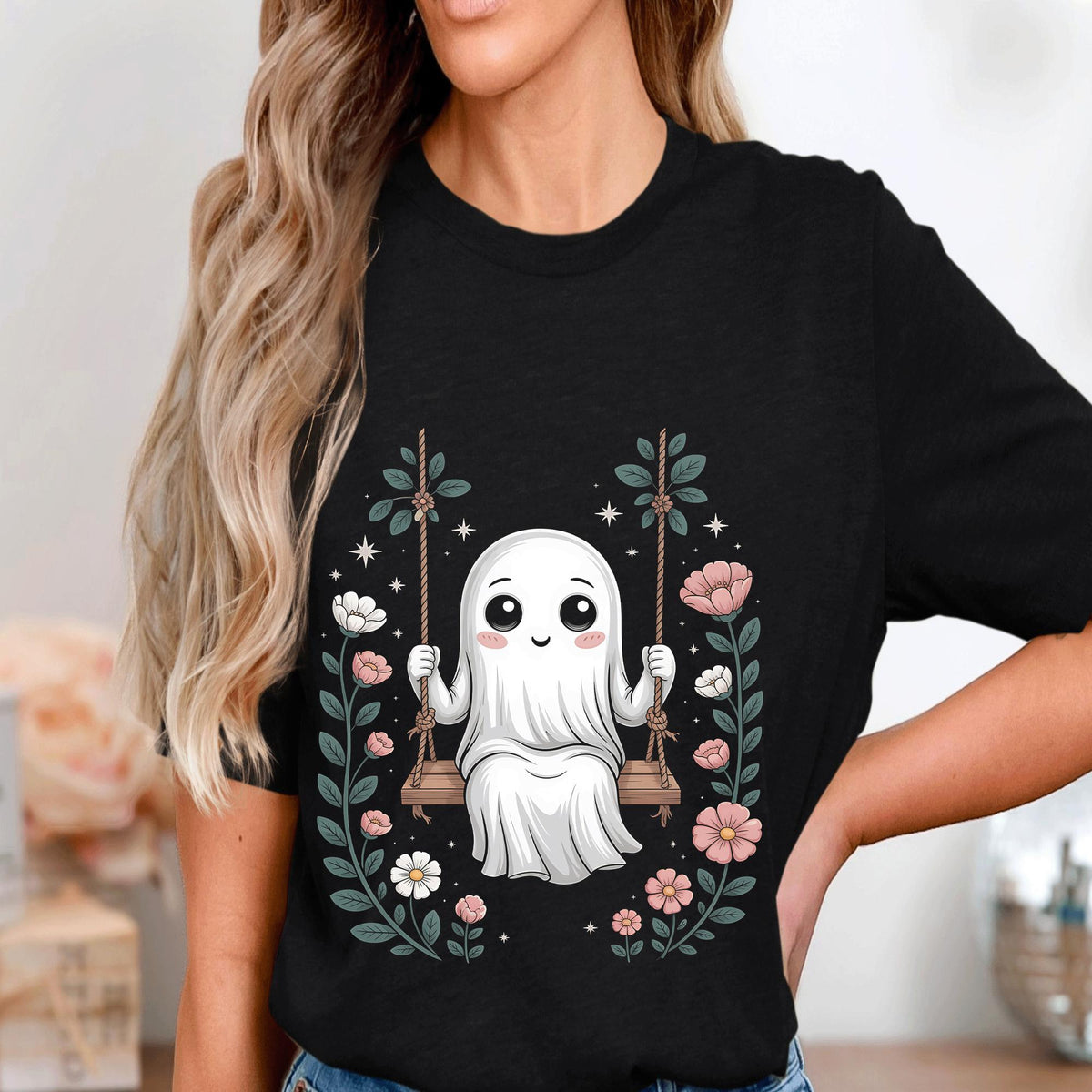 Cute Ghost Swing Shirt, Floral Spooky Halloween Spirit Tee, Kawaii Haunted Top, Women Halloween Shirt, Girl Halloween Sweatshirt, Ghost Tee