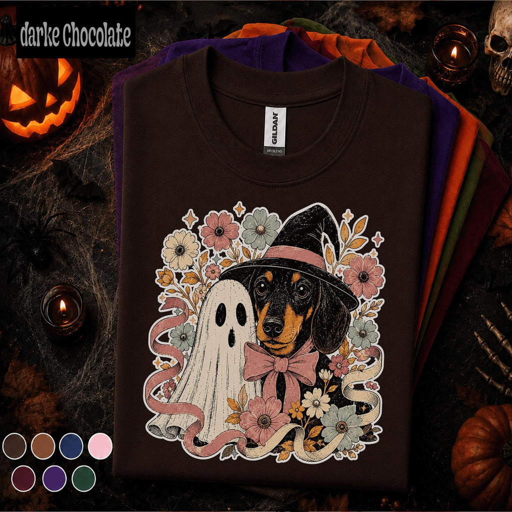 Halloween Dachshund Shirt, Ghost Dog Tee, Witchy Wiener Dog Tshirt, Spooky Floral Dog Lover Gift, Cute Halloween Pet Shirt