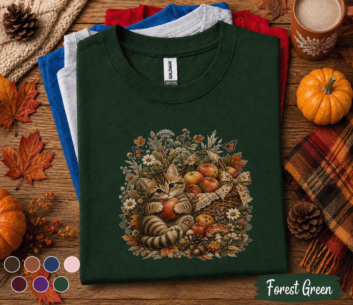 Cute Fall Kitten Shirt, Autumn Cat Apple Basket Tee, Cozy Harvest Cat Lover T-Shirt, Pumpkin Season Gift, Thanksgiving Outfit