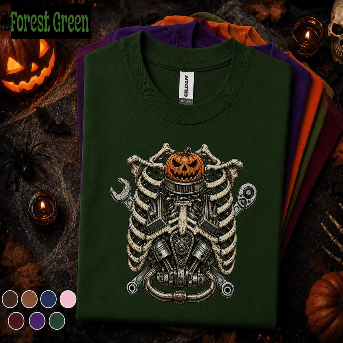 Mechanic Halloween Shirt, Skeleton Engine Rib Cage Tee, Pumpkin Auto Mechanic Gift, Spooky Garage Technician Vintage Halloween T-Shirt