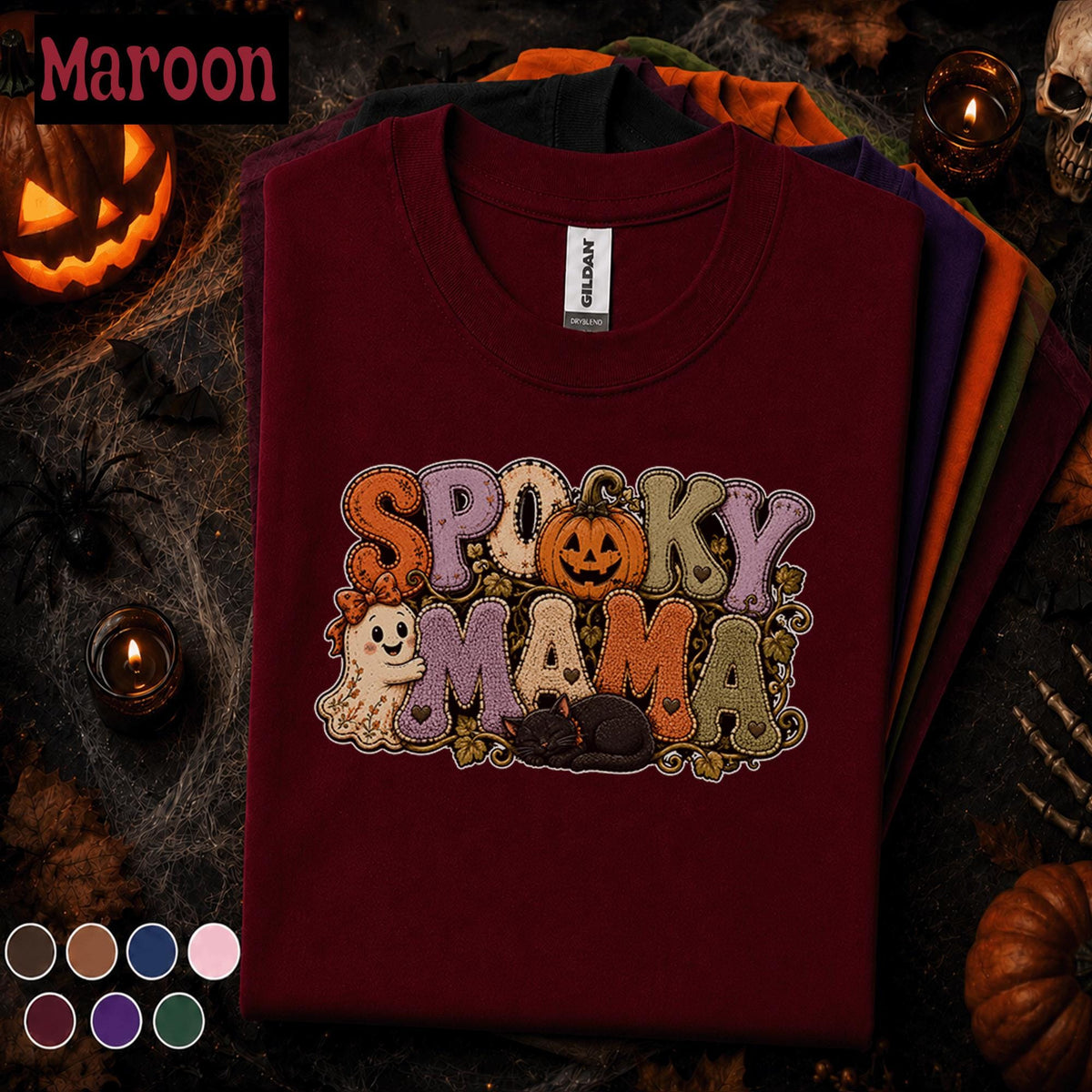 Spooky Mama Halloween Shirt, Cute Ghost Pumpkin Cat Tee, Retro Halloween Mom Shirt, Cozy Fall Spooky Season Gift for Mom