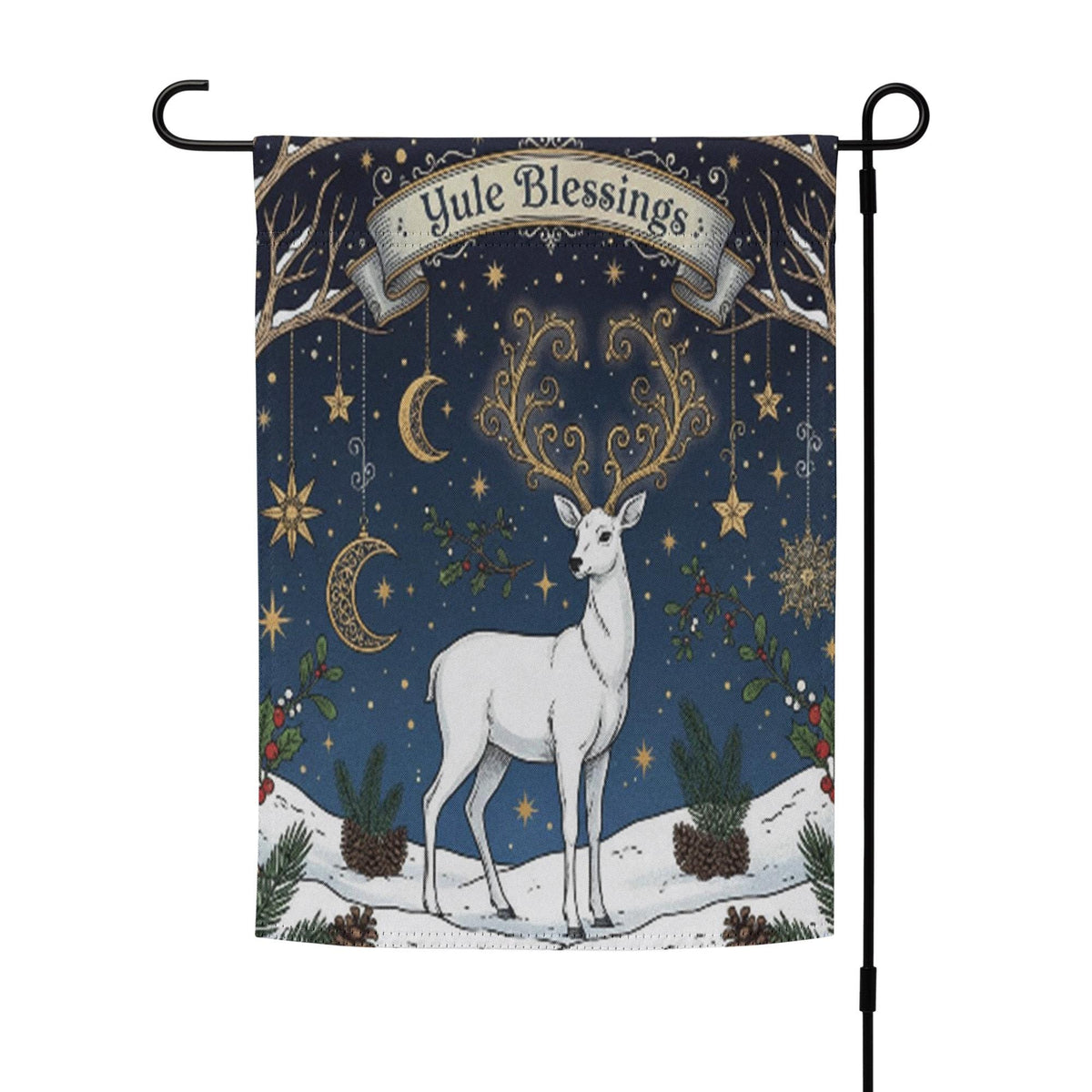 Yule Blessings Garden Flag – Pagan Winter Solstice Yard Decoration with White Stag Design, garden flag winter