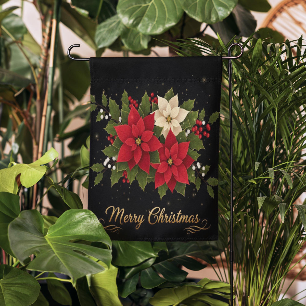 Merry Christmas Poinsettia Garden Flag: Holiday Outdoor Flag, Winter Yard Decor, Garden Flag Winter Decoration, Christmas Garden Flag