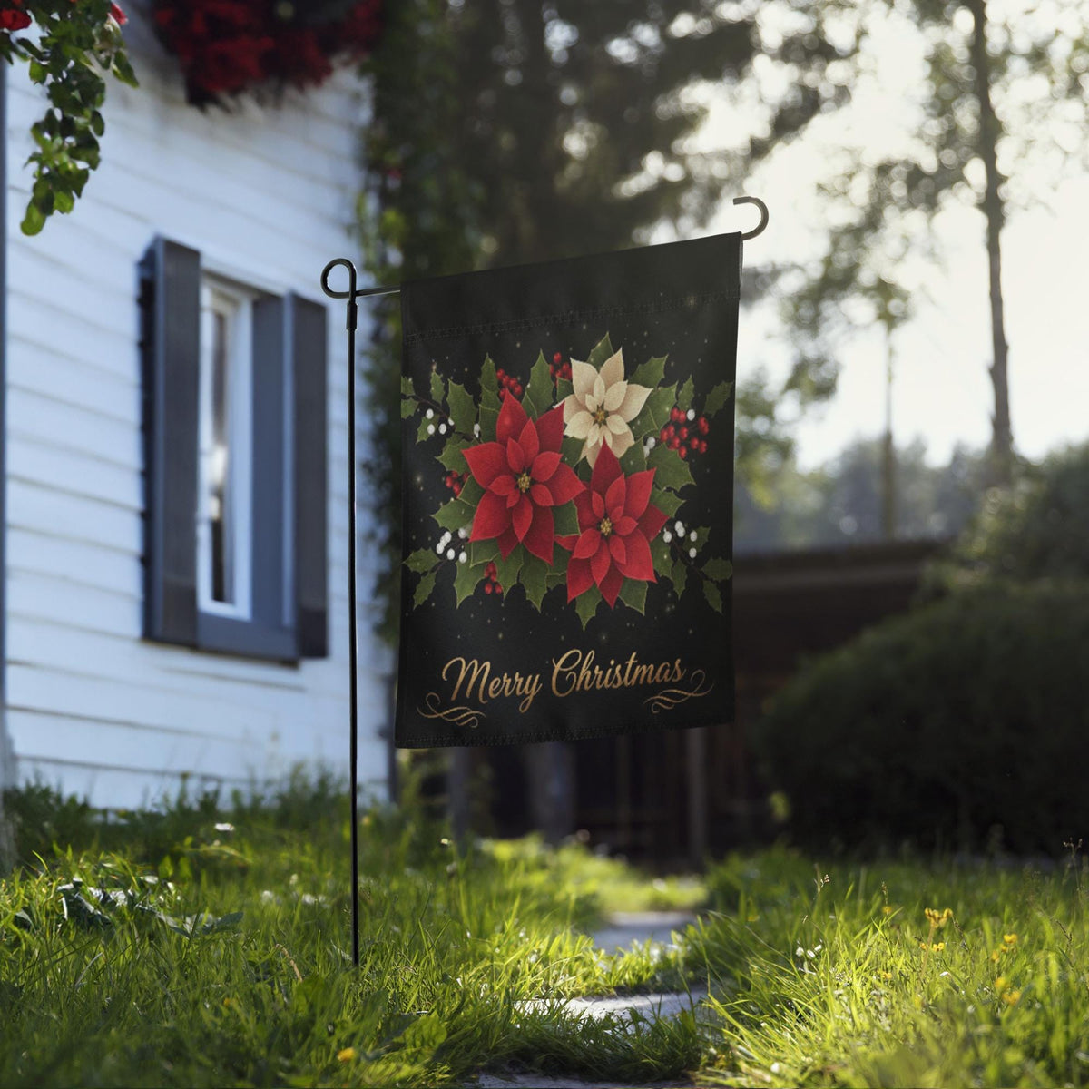 Merry Christmas Poinsettia Garden Flag: Holiday Outdoor Flag, Winter Yard Decor, Garden Flag Winter Decoration, Christmas Garden Flag