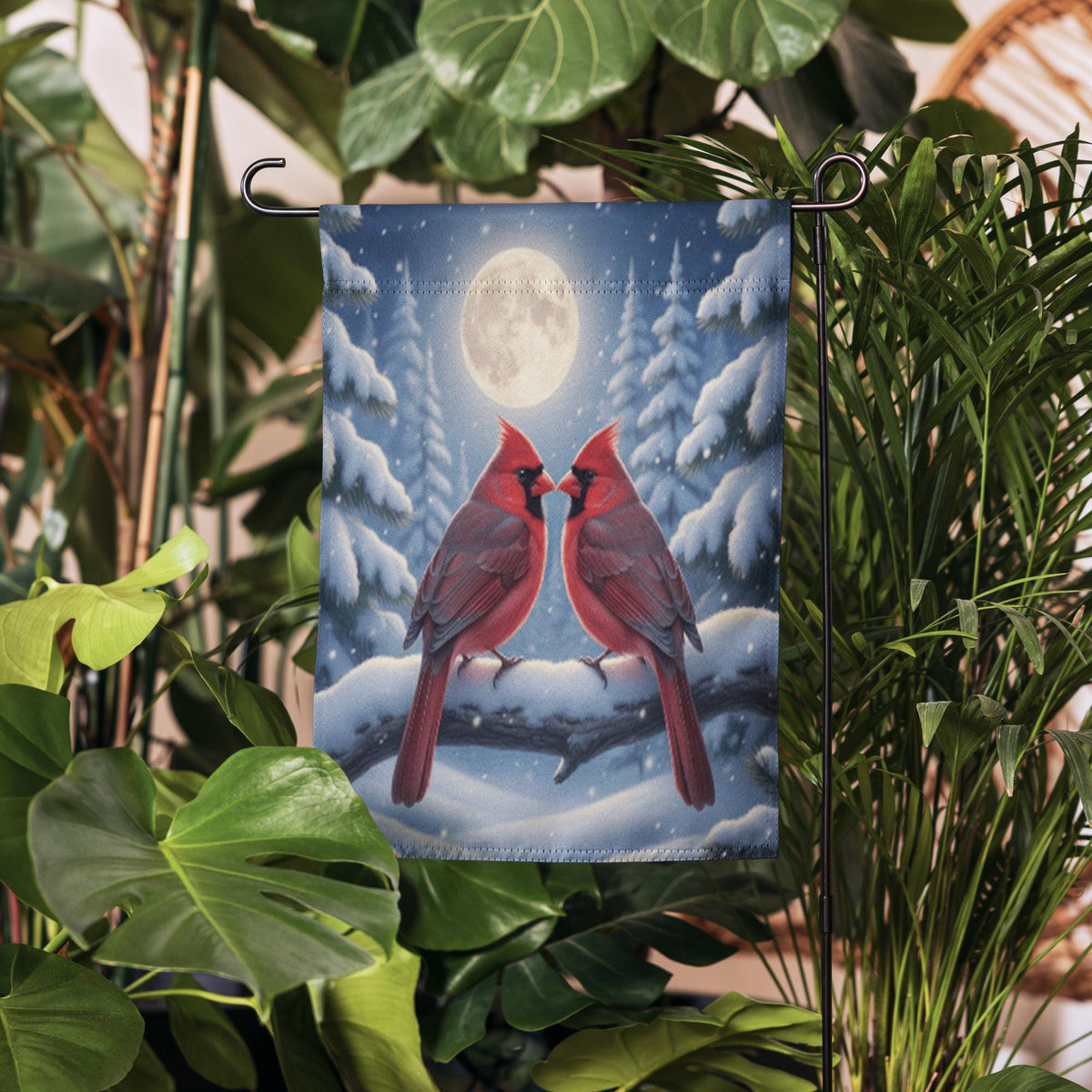 Cardinal Winter Garden Flag – Red Cardinal Flag, Winter Moon Garden Flag, Snowy Night Flag, Winter Welcome Flag, Winter Cardinal Decor