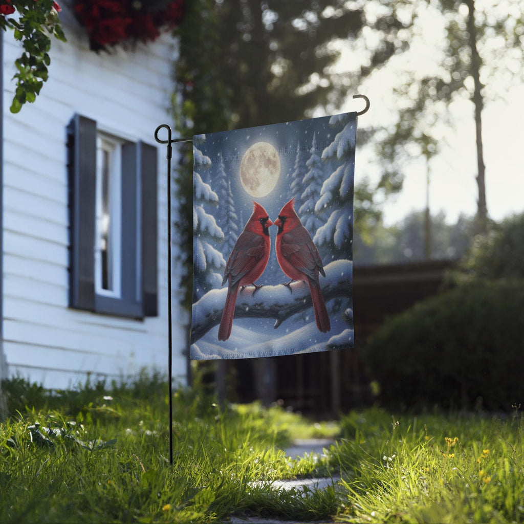 Cardinal Winter Garden Flag – Red Cardinal Flag, Winter Moon Garden Flag, Snowy Night Flag, Winter Welcome Flag, Winter Cardinal Decor