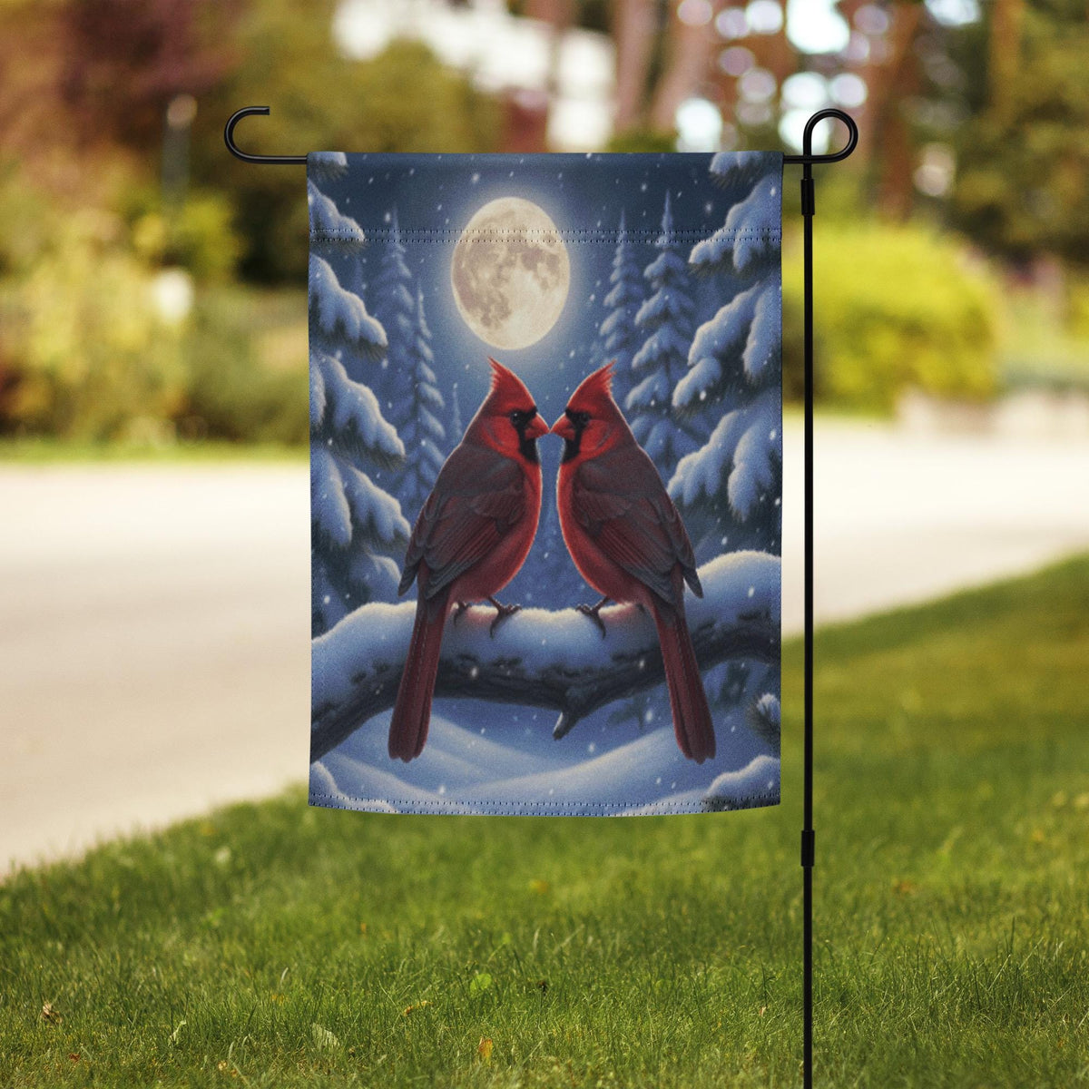 Cardinal Winter Garden Flag – Red Cardinal Flag, Winter Moon Garden Flag, Snowy Night Flag, Winter Welcome Flag, Winter Cardinal Decor