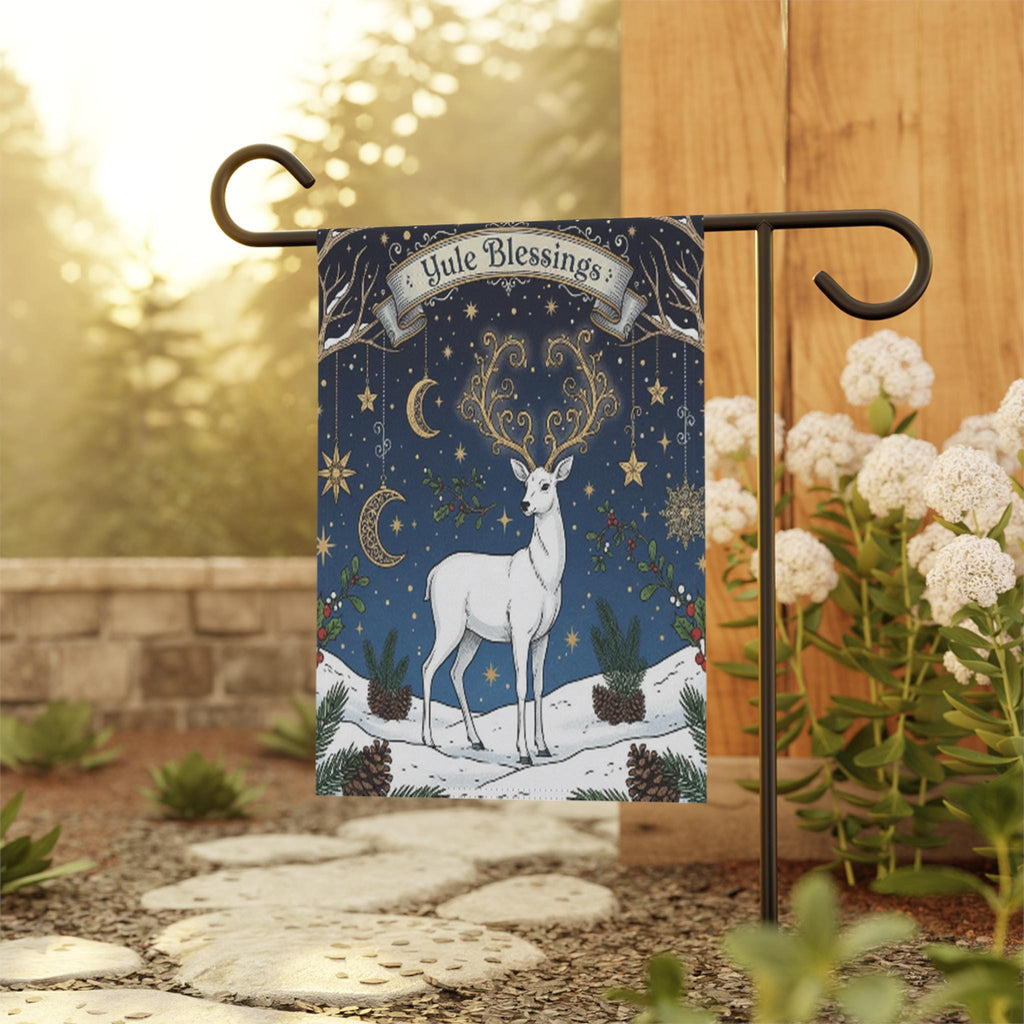Yule Blessings Garden Flag – Pagan Winter Solstice Yard Decoration with White Stag Design, garden flag winter