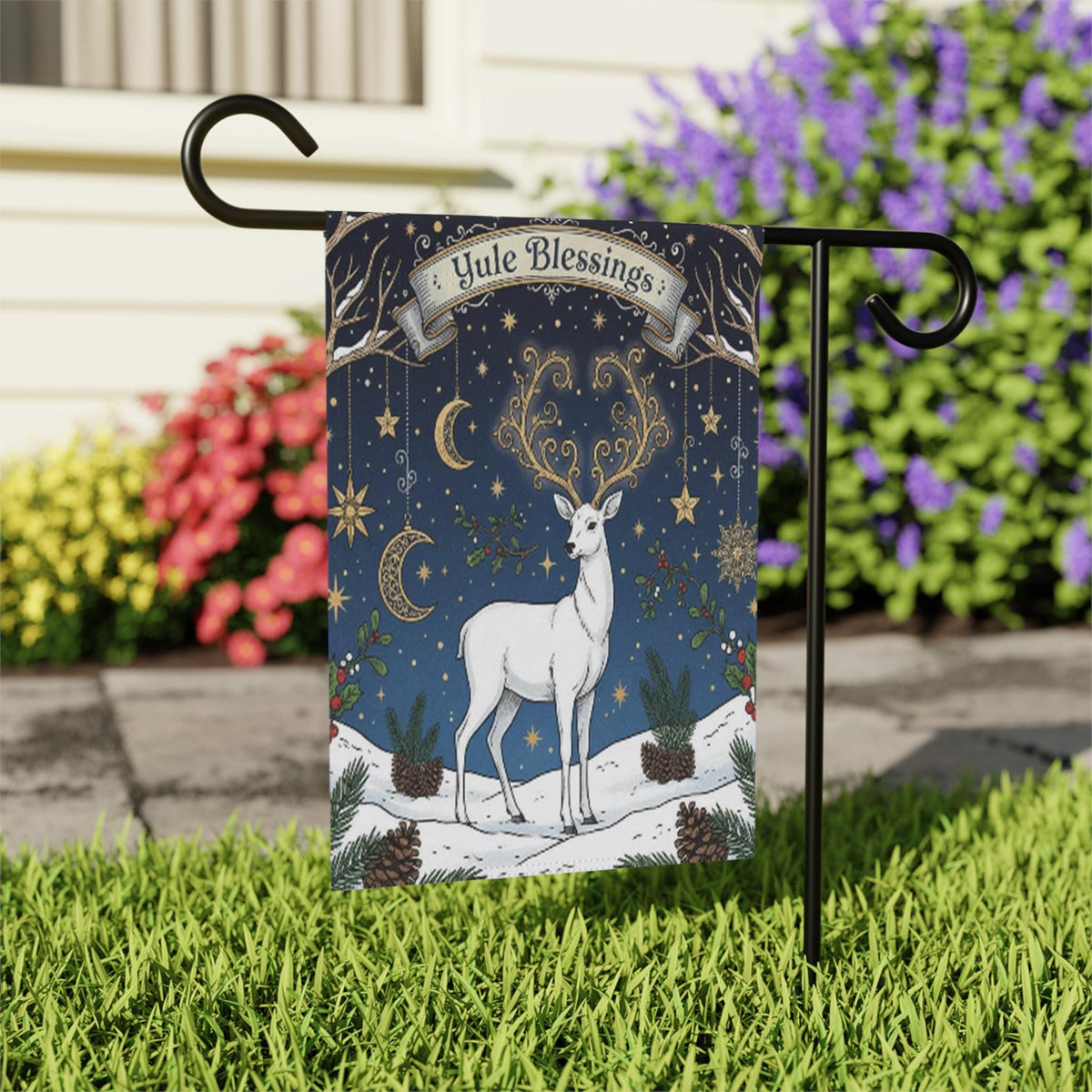 Yule Blessings Garden Flag – Pagan Winter Solstice Yard Decoration with White Stag Design, garden flag winter