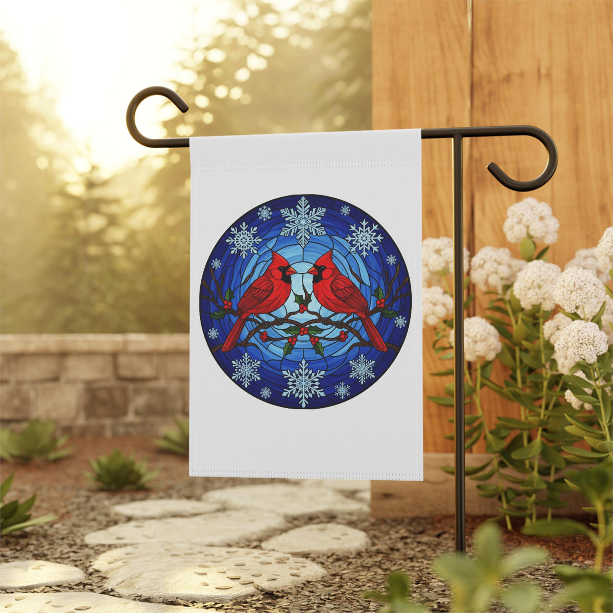 Winter Cardinal Garden Flag: Stained Glass Style Christmas Decor, Garden Flag Winter
