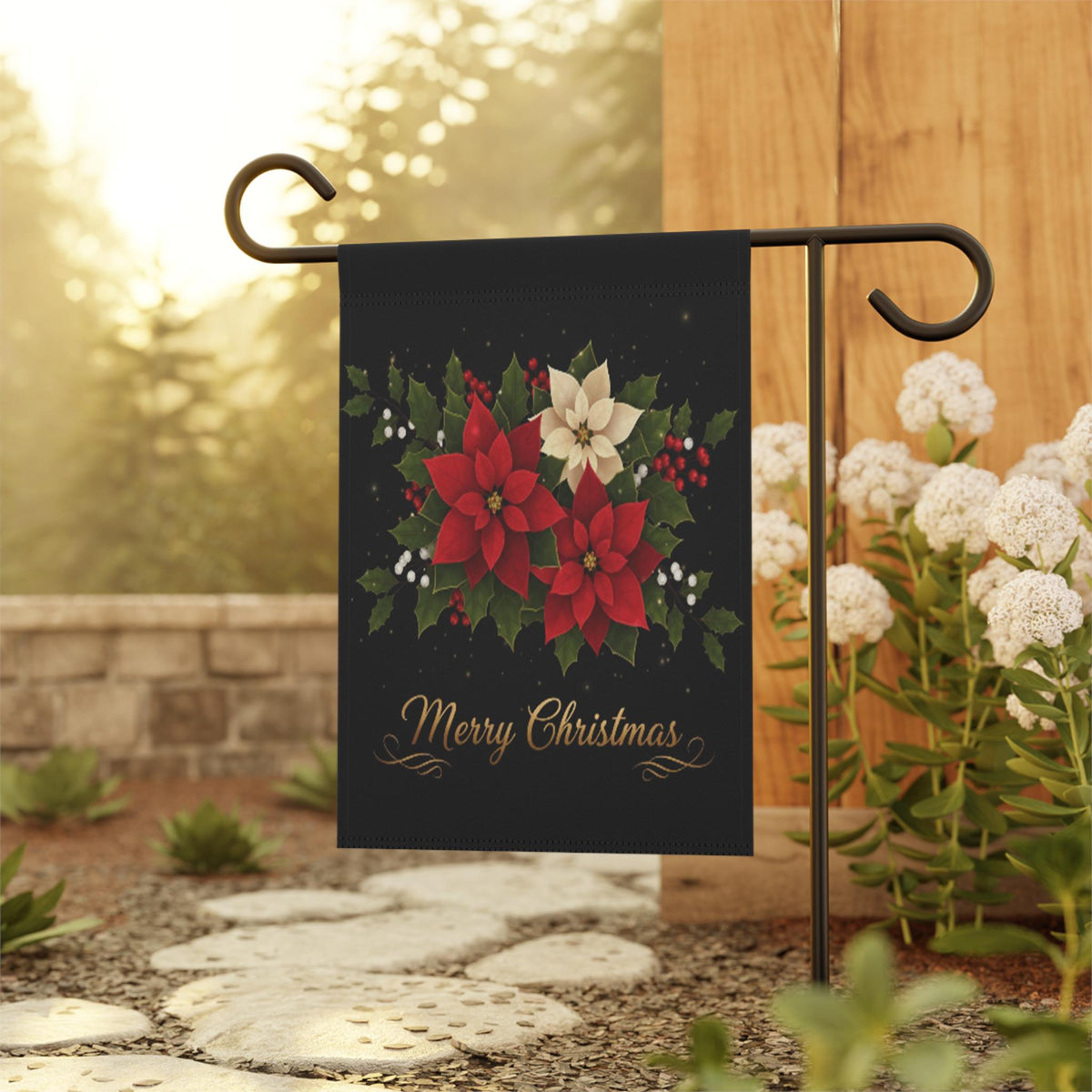 Merry Christmas Poinsettia Garden Flag: Holiday Outdoor Flag, Winter Yard Decor