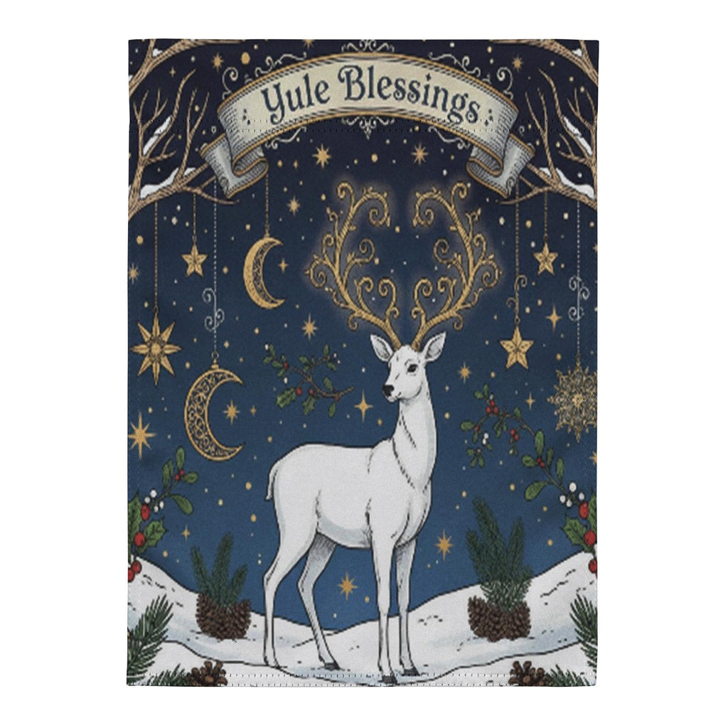 Yule Blessings Garden Flag – Pagan Winter Solstice Yard Decoration with White Stag Design, garden flag winter