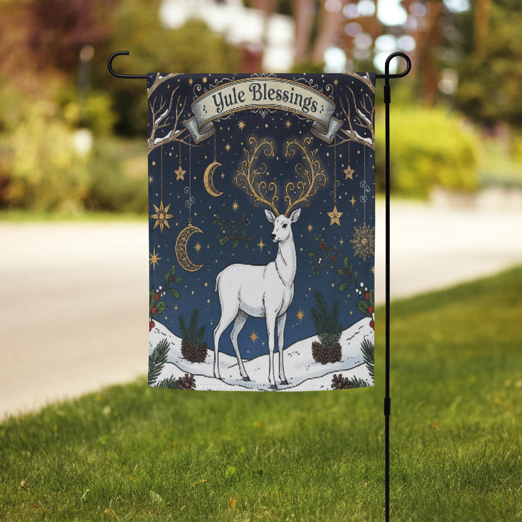 Yule Blessings Garden Flag – Pagan Winter Solstice Yard Decoration with White Stag Design, garden flag winter