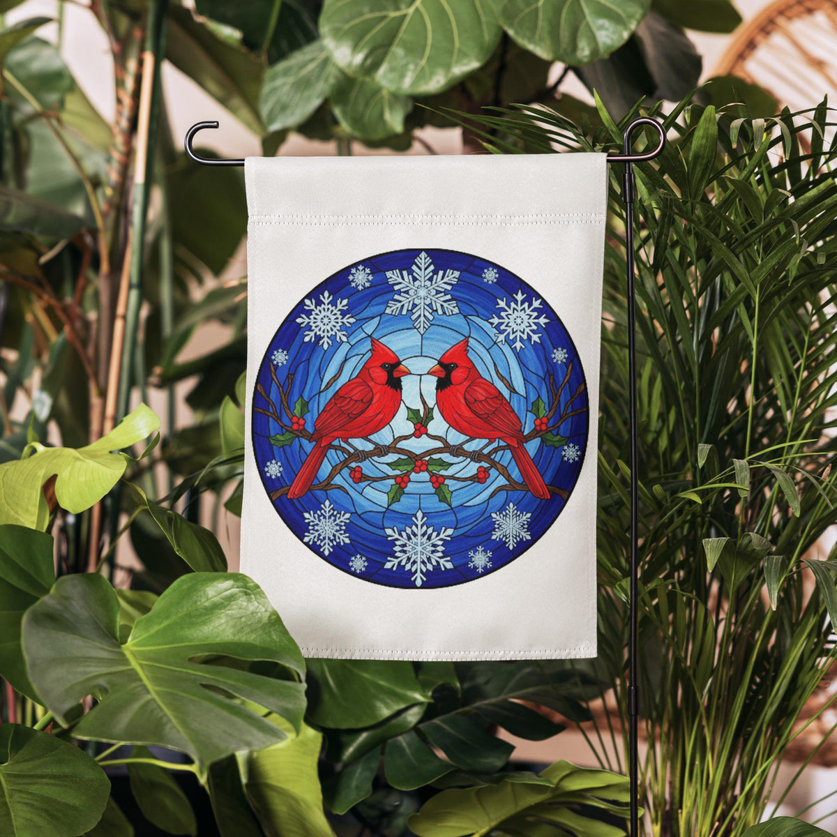 Winter Cardinal Garden Flag: Stained Glass Style Christmas Decor, Garden Flag Winter, Winter Decoration, Christmas Garden Flag