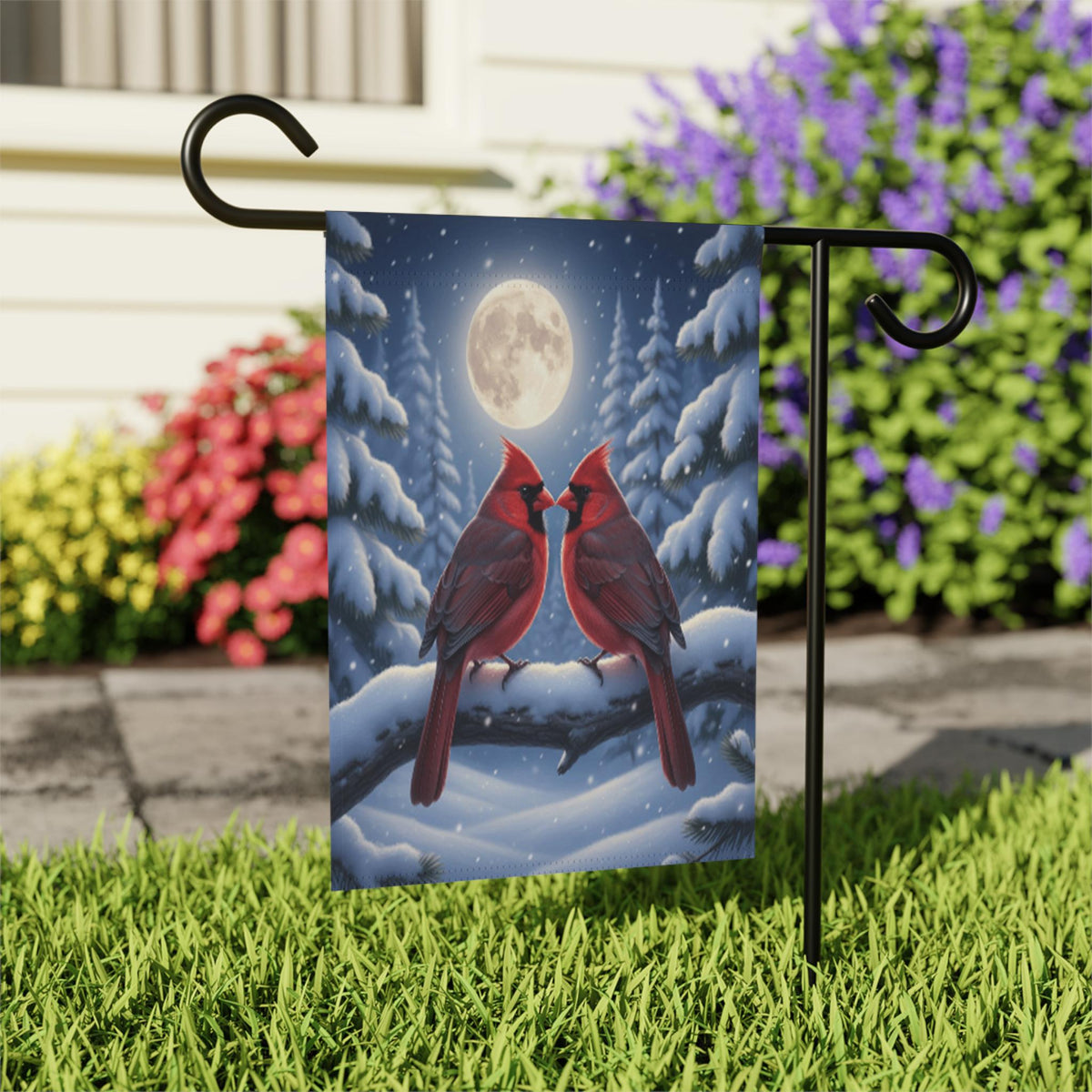 Cardinal Winter Garden Flag – Red Cardinal Flag, Winter Moon Garden Flag, Snowy Night Flag, Winter Welcome Flag, Winter Cardinal Decor