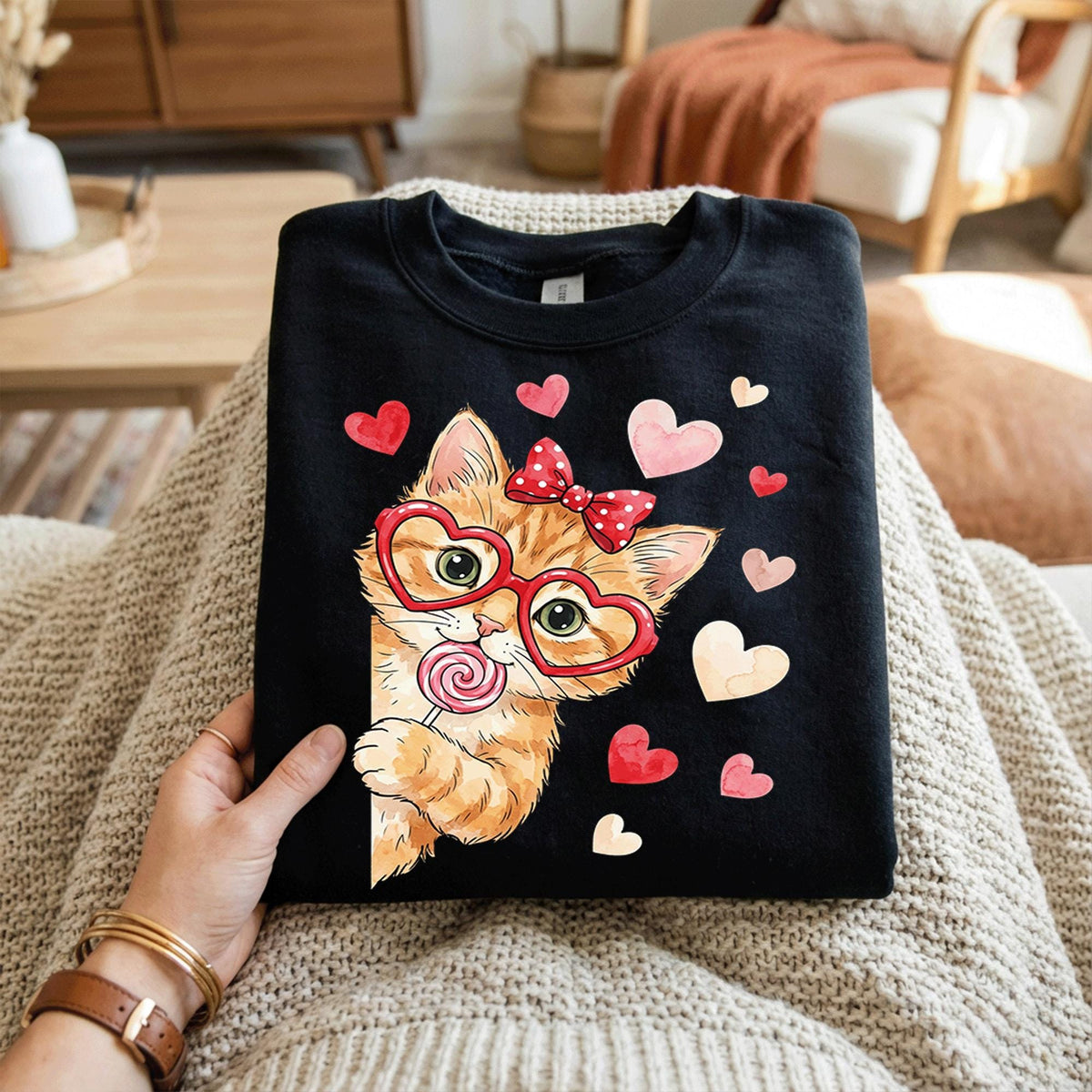 Valentine Kitten Shirt Women – Cute Cat Lollipop Heart Tee, Gift Cat Valentines Day Sweatshirt, Valentine Cat Hoodie, Heart Kitty Lover Tee