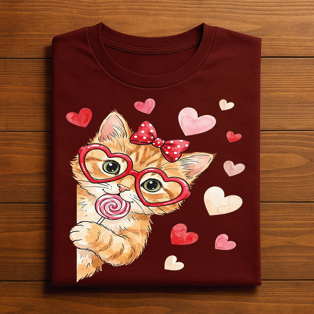 Valentine Kitten Shirt Women – Cute Cat Lollipop Heart Tee, Gift Cat Valentines Day Sweatshirt, Valentine Cat Hoodie, Heart Kitty Lover Tee