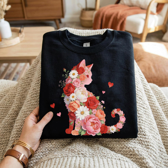 Floral Cat Shirt Romantic Flower Cat Mom | Elegant Valentine Cat Tee, Gift Cat Valentines Day Sweatshirt