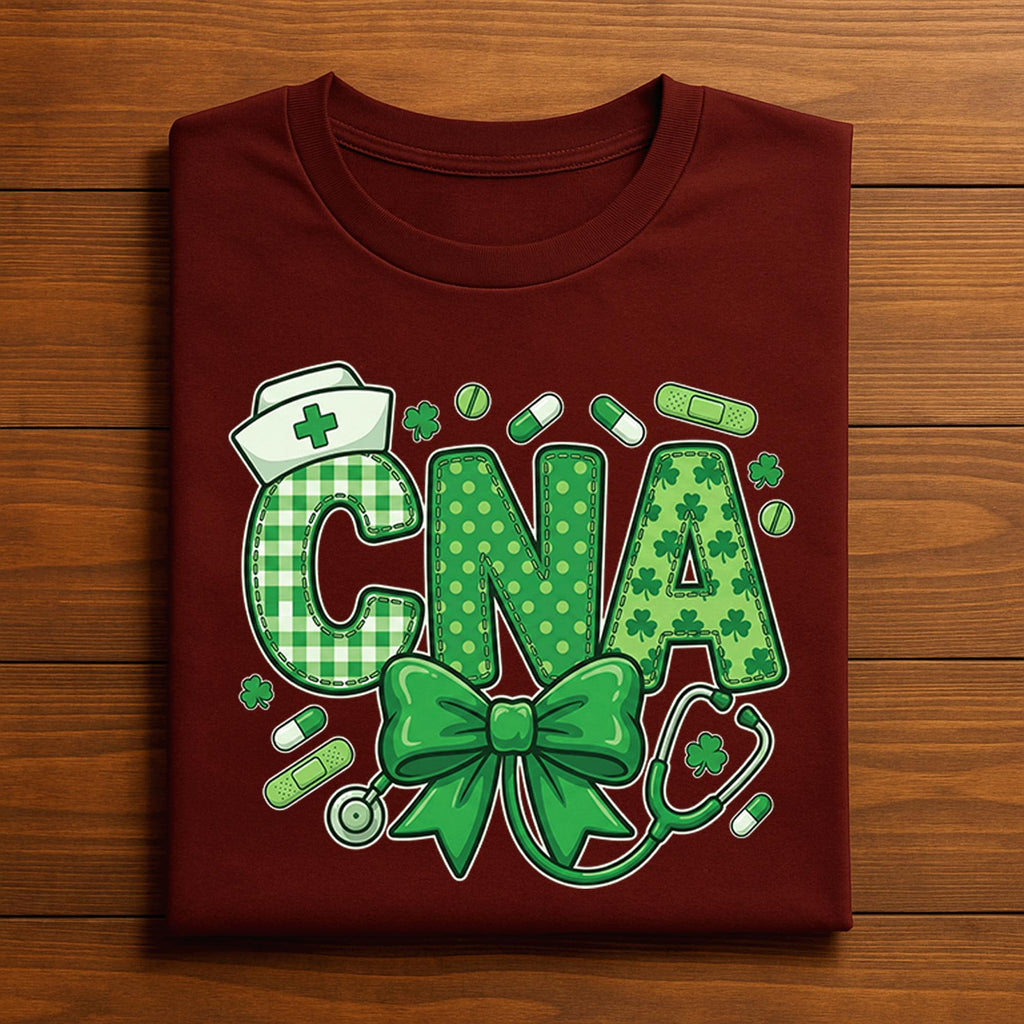 CNA Nurse St Patricks Day Shirt Green Shamrock Medical Bow Tee Gift for Certified Nursing Assistant Irish, Nurse Saint Patty's Sweatshirt