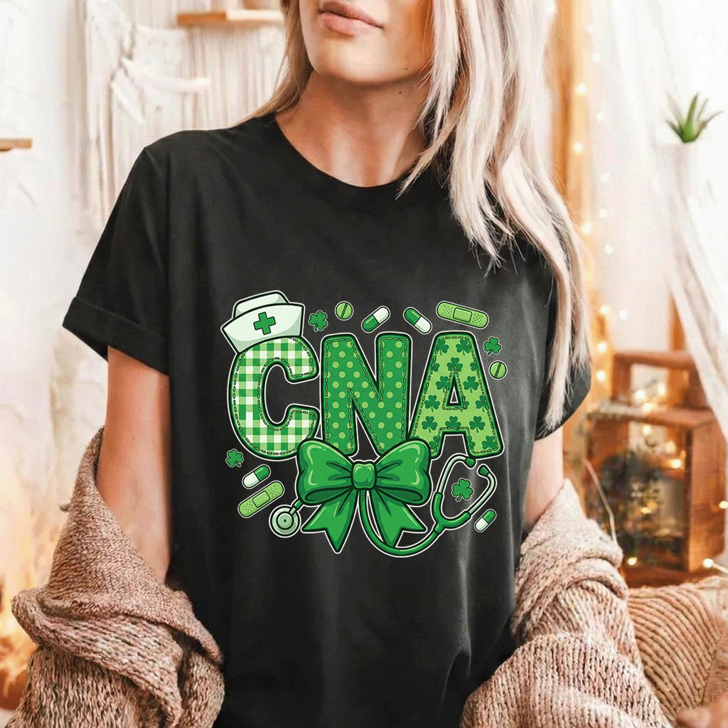 CNA Nurse St Patricks Day Shirt Green Shamrock Medical Bow Tee Gift for Certified Nursing Assistant Irish, Nurse Sain...