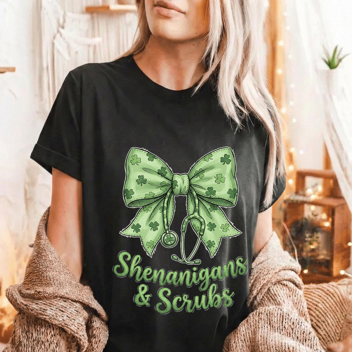 Shenanigans And Scrubs Shirt Nurse St Patricks Day Tee Green Shamrock Bow Medical Gift for Women Healthcare, Nurse Sa...