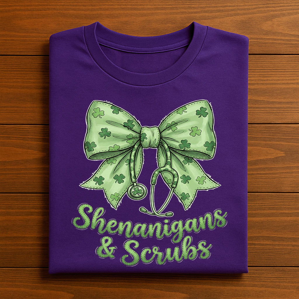 Shenanigans And Scrubs Shirt Nurse St Patricks Day Tee Green Shamrock Bow Medical Gift for Women Healthcare, Nurse Saint Patty's Sweatshirt