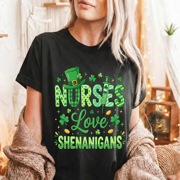 Nurses Love Shenanigans Shirt Funny Irish Nurse St Patricks Day Tee Clover Syringe Gift RN ER Medical Staff, Nurse Sa...