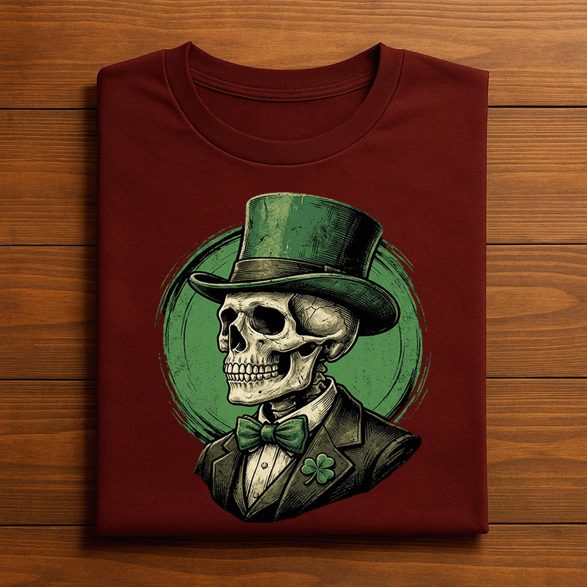 Vintage skeleton in green top hat and shamrock suit for gothic Irish St Patrick’s Day tee, creepy skull holiday shirt, Skull St Patricks Day