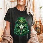 Sugar Skull St patricks Day Shirt Women Irish Skull Shamrock, Green Hair for Beautiful Spooky Irish St Patrick’s Day Tee