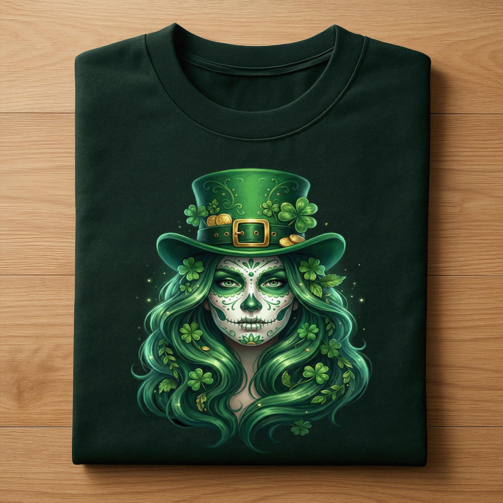 Sugar Skull St patricks Day Shirt Women Irish Skull Shamrock, Green Hair for Beautiful Spooky Irish St Patrick’s Day Tee
