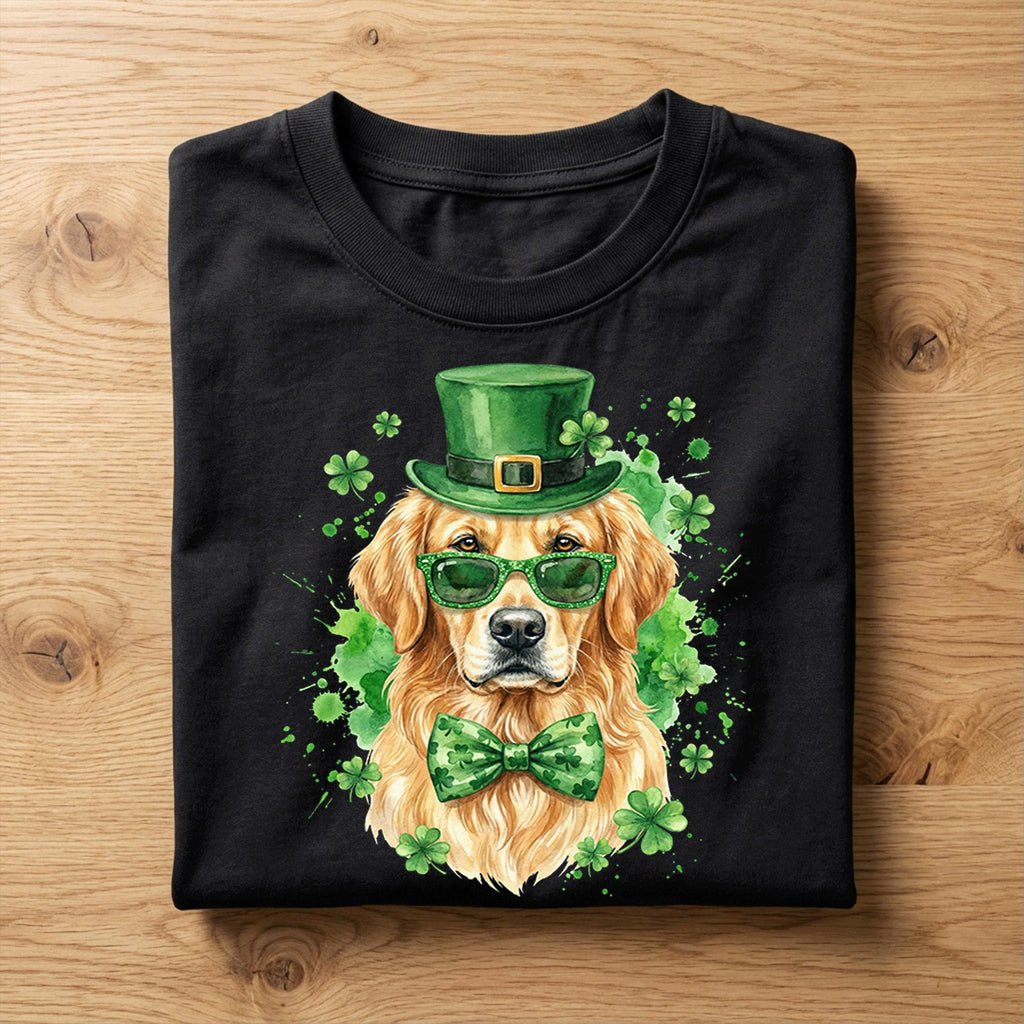 Golden Retriever St Patrick’s Day Shirt – Irish Dog Tee with Hat Glasses and Bow Tie, Hoodie or Sweatshirt Gift for Men and Women