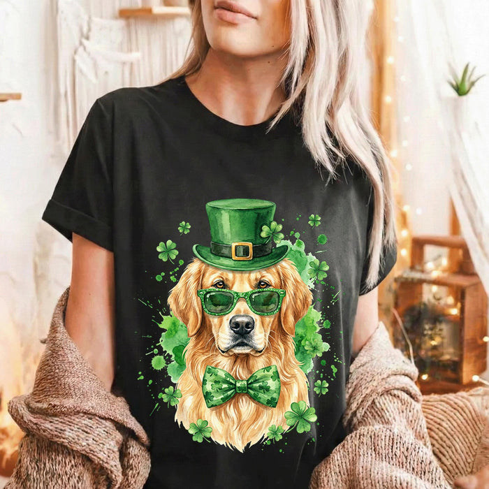 Golden Retriever St Patrick’s Day Shirt – Irish Dog Tee with Hat Glasses and Bow Tie, Hoodie or Sweatshirt Gift for M...