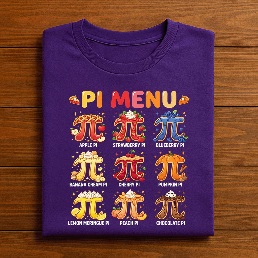 Pi Menu Shirt with 9 Flavors – Colorful Pie Math Tee, Hoodie, Sweatshirt Gift for Pi Day, Teachers, Nerds, Foodie Math Lovers