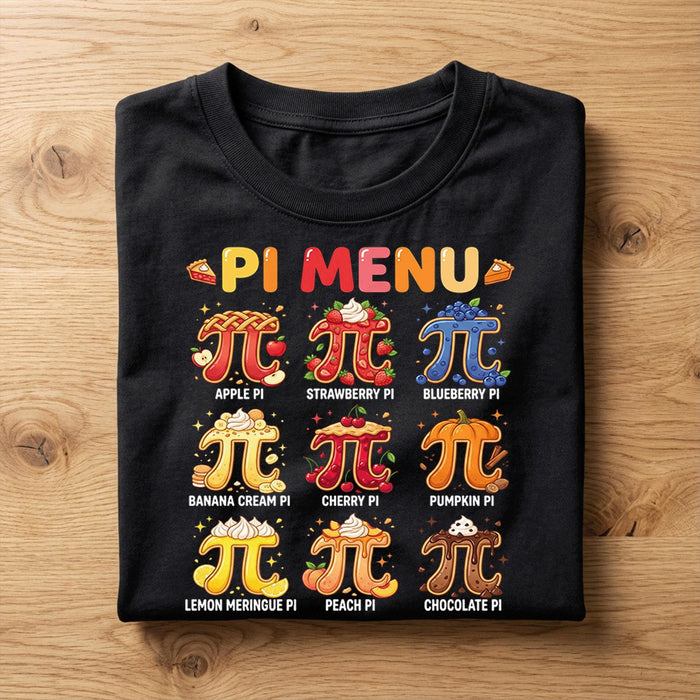 Pi Menu Shirt with 9 Flavors – Colorful Pie Math Tee, Hoodie