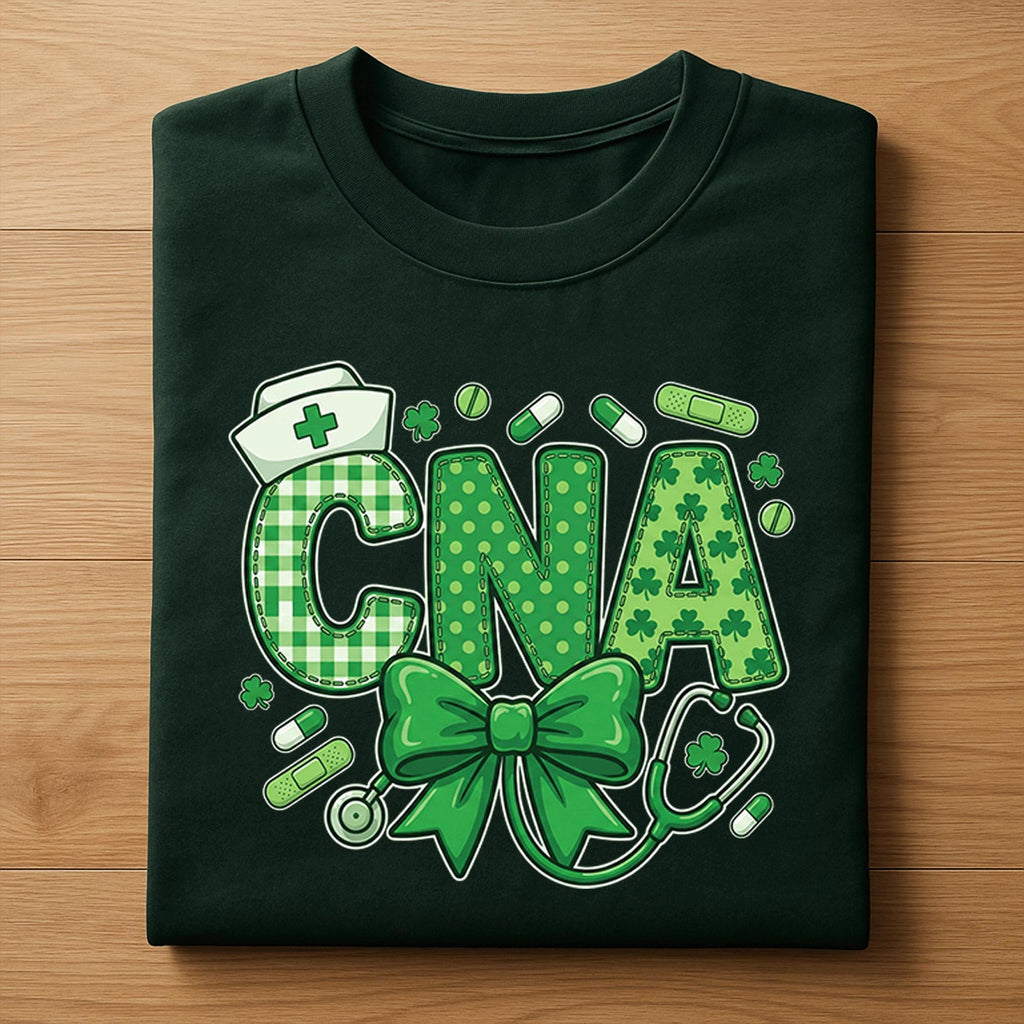CNA Nurse St Patricks Day Shirt Green Shamrock Medical Bow Tee Gift for Certified Nursing Assistant Irish, Nurse Saint Patty's Sweatshirt